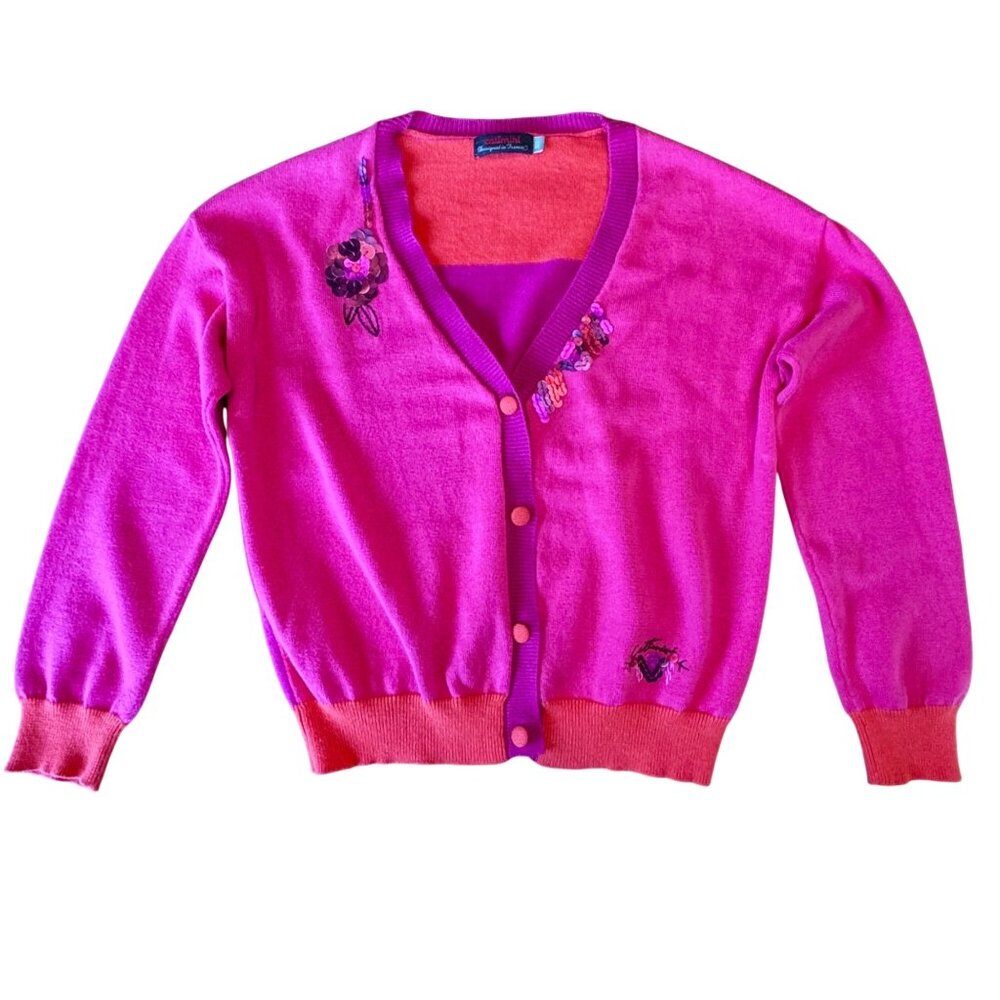 CATIMINI Paris Sequin Colorblock Cardigan Girls 8 128 Pink 100% Cotton Sweater